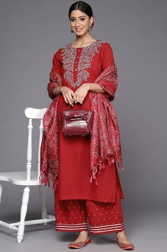 Women Rust Ethnic Motifs Yoke Design Kurta with Palazzos & With Dupatta