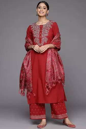 Women Rust Ethnic Motifs Yoke Design Kurta with Palazzos & With Dupatta