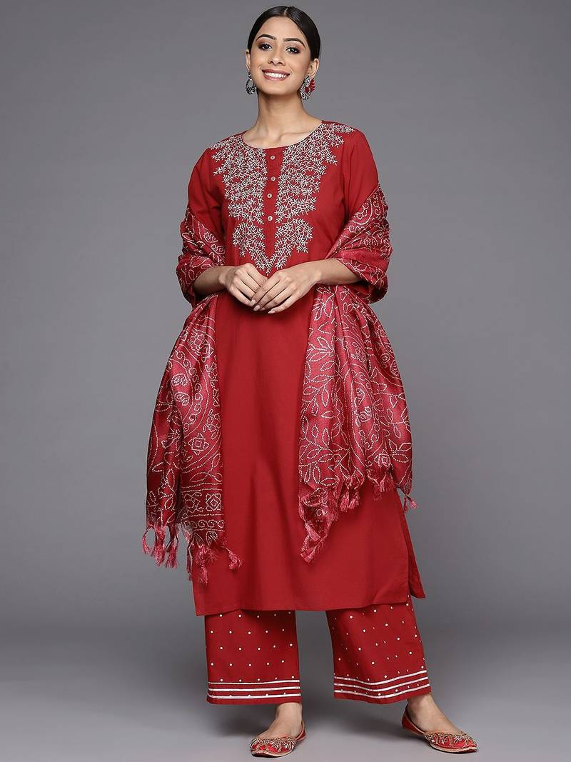 Women Rust Ethnic Motifs Yoke Design Kurta with Palazzos & With Dupatta