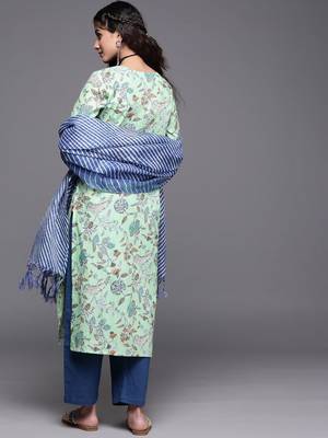 Women Blue Pure Cotton Floral Printed Sequinned Kurta with Trousers & With Dupatta 4