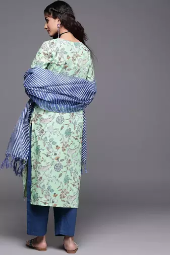 Women Blue Pure Cotton Floral Printed Sequinned Kurta with Trousers & With Dupatta