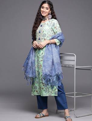 Women Blue Pure Cotton Floral Printed Sequinned Kurta with Trousers & With Dupatta 1
