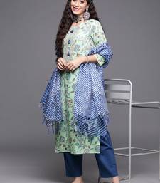 Women Blue Pure Cotton Floral Printed Sequinned Kurta with Trousers & With Dupatta