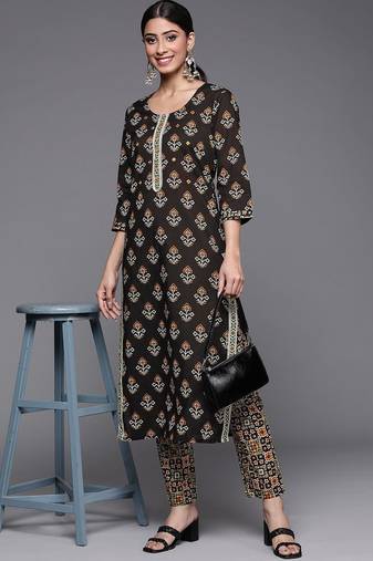 Women Black Ethnic Motifs Printed Patchwork Pure Cotton Kurta with Trousers