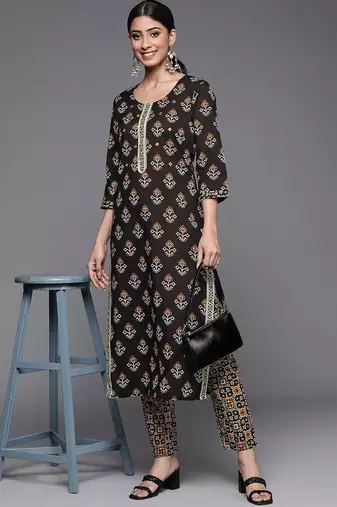 Women Black Ethnic Motifs Printed Patchwork Pure Cotton Kurta with Trousers