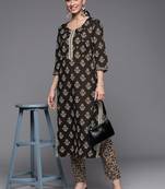 Women Black Ethnic Motifs Printed Patchwork Pure Cotton Kurta with Trousers