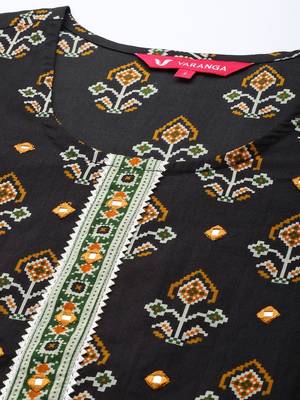 Women Black Ethnic Motifs Printed Patchwork Pure Cotton Kurta with Trousers 2