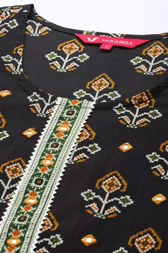 Women Black Ethnic Motifs Printed Patchwork Pure Cotton Kurta with Trousers