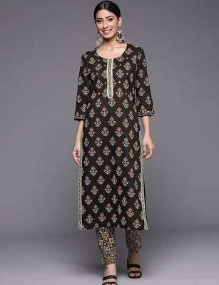 Women Black Ethnic Motifs Printed Patchwork Pure Cotton Kurta with Trousers 4