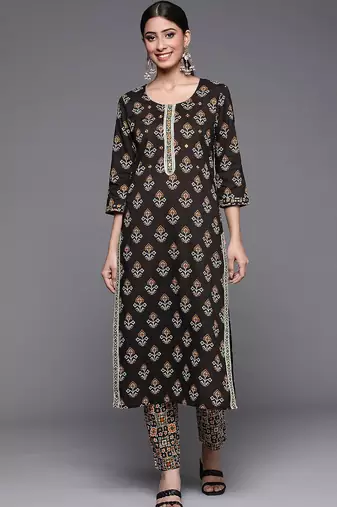 Women Black Ethnic Motifs Printed Patchwork Pure Cotton Kurta with Trousers