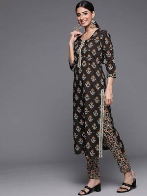 Women Black Ethnic Motifs Printed Patchwork Pure Cotton Kurta with Trousers 5