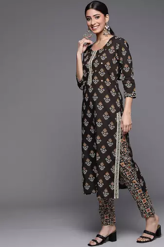 Women Black Ethnic Motifs Printed Patchwork Pure Cotton Kurta with Trousers