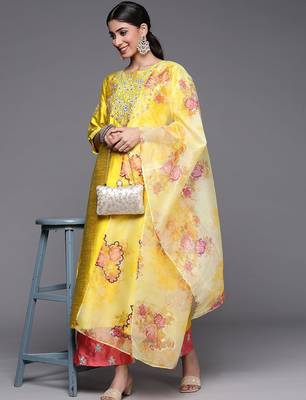 Women Mustard Yellow Floral Embroidered Kurta with Trousers & Dupatta 1