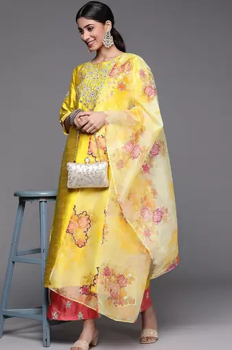 Women Mustard Yellow Floral Embroidered Kurta with Trousers & Dupatta