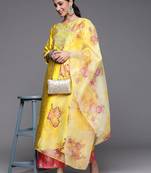 Women Mustard Yellow Floral Embroidered Kurta with Trousers & Dupatta