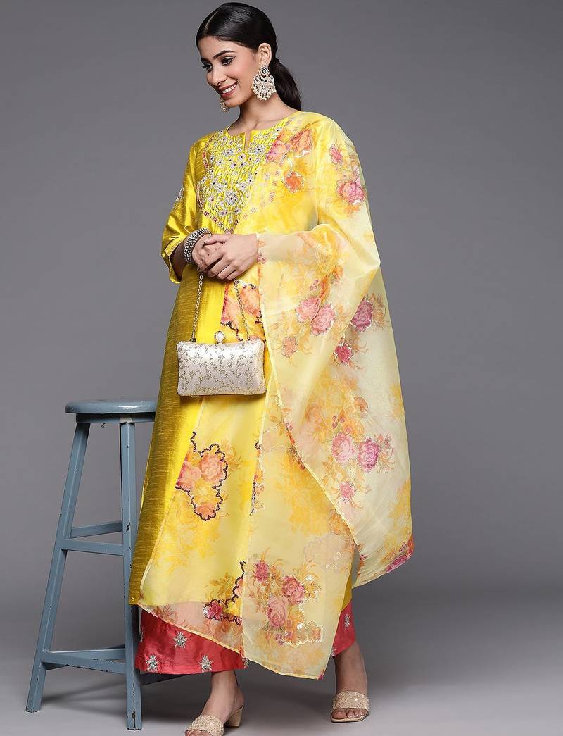 Women Mustard Yellow Floral Embroidered Kurta with Trousers & Dupatta