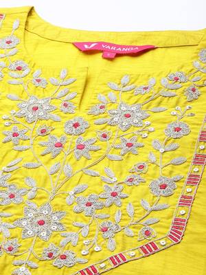 Women Mustard Yellow Floral Embroidered Kurta with Trousers & Dupatta 2