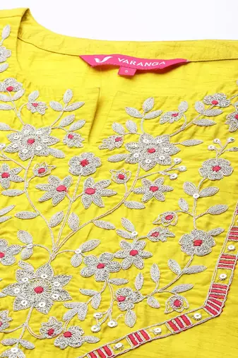 Women Mustard Yellow Floral Embroidered Kurta with Trousers & Dupatta