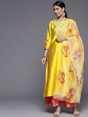 Women Mustard Yellow Floral Embroidered Kurta with Trousers & Dupatta 4