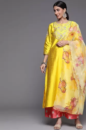 Women Mustard Yellow Floral Embroidered Kurta with Trousers & Dupatta