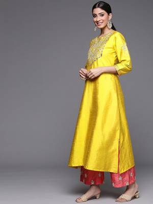 Women Mustard Yellow Floral Embroidered Kurta with Trousers & Dupatta 5