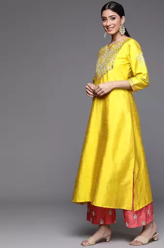 Women Mustard Yellow Floral Embroidered Kurta with Trousers & Dupatta