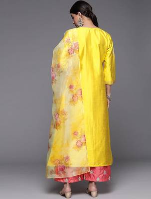 Women Mustard Yellow Floral Embroidered Kurta with Trousers & Dupatta 6
