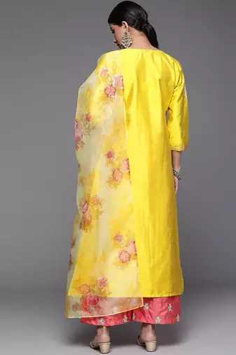 Women Mustard Yellow Floral Embroidered Kurta with Trousers & Dupatta