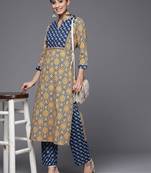 Women Beige & Blue Printed Pure Cotton Kurta with Trousers