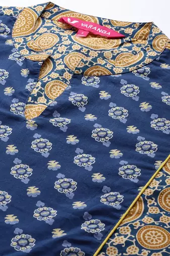 Women Beige & Blue Printed Pure Cotton Kurta with Trousers