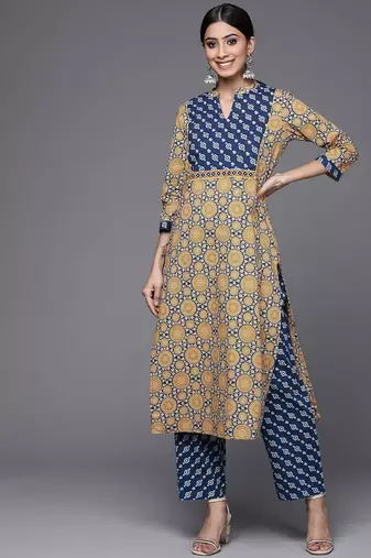 Women Beige & Blue Printed Pure Cotton Kurta with Trousers