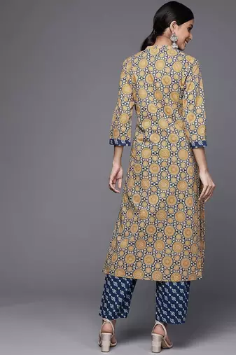 Women Beige & Blue Printed Pure Cotton Kurta with Trousers
