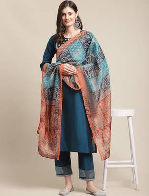 Women Blue Ethnic Motifs Yoke Design Sequinned Kurta with Trousers & With Dupatta 1