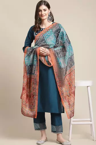 Women Blue Ethnic Motifs Yoke Design Sequinned Kurta with Trousers & With Dupatta