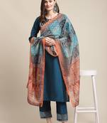 Women Blue Ethnic Motifs Yoke Design Sequinned Kurta with Trousers & With Dupatta