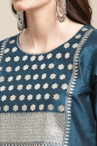Women Blue Ethnic Motifs Yoke Design Sequinned Kurta with Trousers & With Dupatta