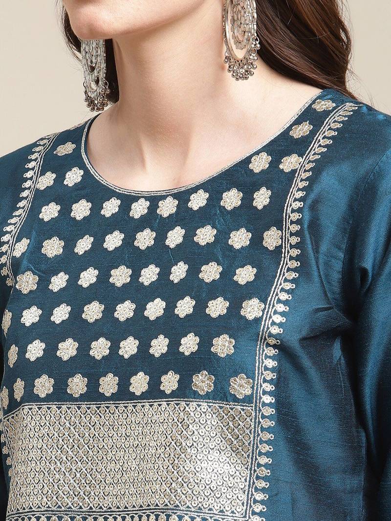 Women Blue Ethnic Motifs Yoke Design Sequinned Kurta with Trousers & With Dupatta