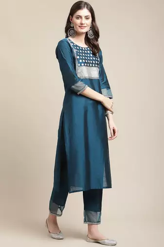 Women Blue Ethnic Motifs Yoke Design Sequinned Kurta with Trousers & With Dupatta