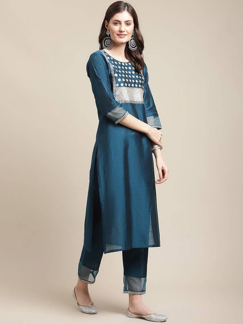 Women Blue Ethnic Motifs Yoke Design Sequinned Kurta with Trousers & With Dupatta
