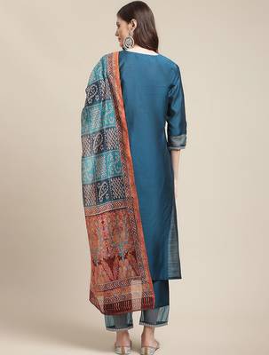 Women Blue Ethnic Motifs Yoke Design Sequinned Kurta with Trousers & With Dupatta 6
