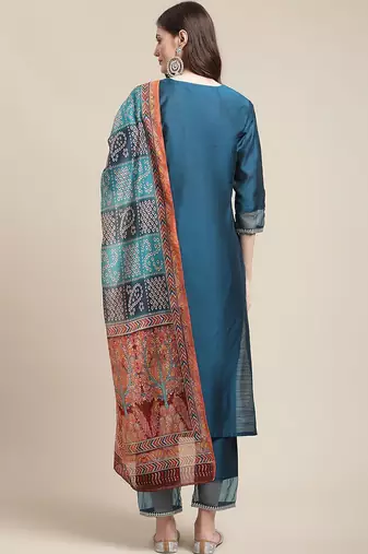 Women Blue Ethnic Motifs Yoke Design Sequinned Kurta with Trousers & With Dupatta