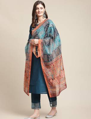 Women Blue Ethnic Motifs Yoke Design Sequinned Kurta with Trousers & With Dupatta 7