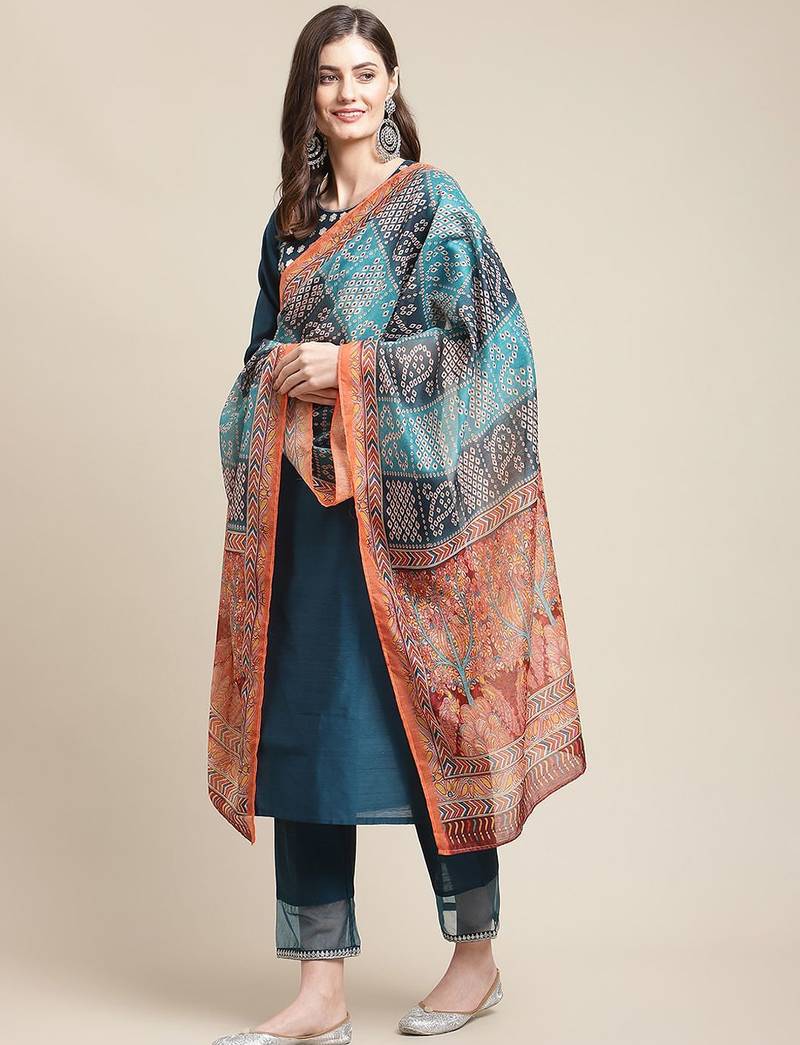 Women Blue Ethnic Motifs Yoke Design Sequinned Kurta with Trousers & With Dupatta