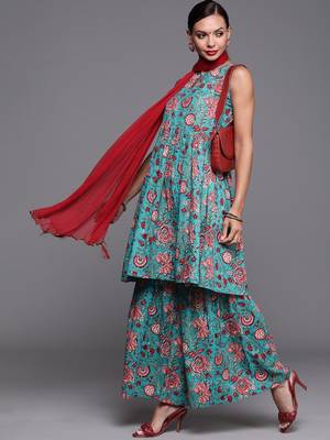 Women Blue & Red Pure Cotton Floral Print Kurta with Sharara & With Dupatta 1