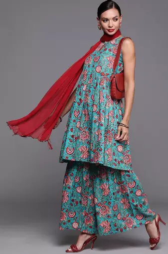 Women Blue & Red Pure Cotton Floral Print Kurta with Sharara & With Dupatta