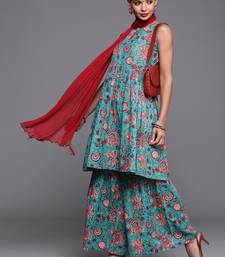 Women Blue & Red Pure Cotton Floral Print Kurta with Sharara & With Dupatta