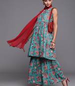 Women Blue & Red Pure Cotton Floral Print Kurta with Sharara & With Dupatta