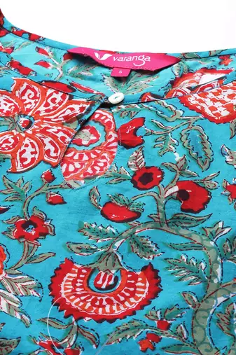 Women Blue & Red Pure Cotton Floral Print Kurta with Sharara & With Dupatta
