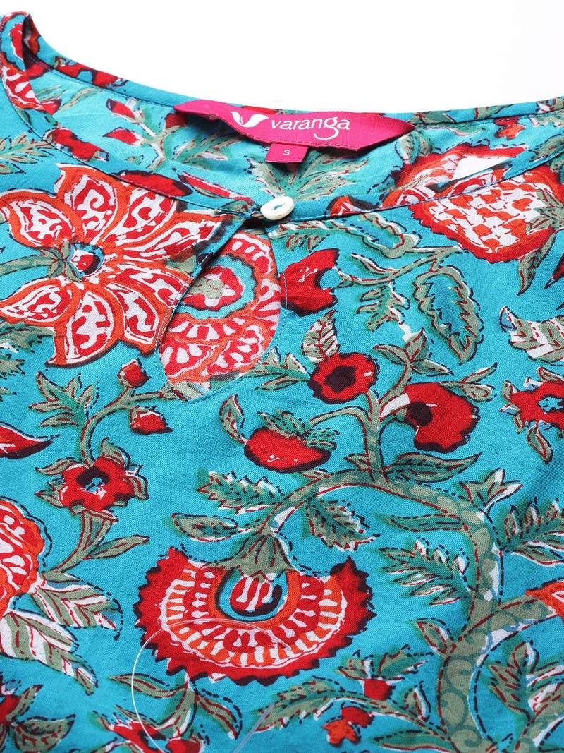 Women Blue & Red Pure Cotton Floral Print Kurta with Sharara & With Dupatta