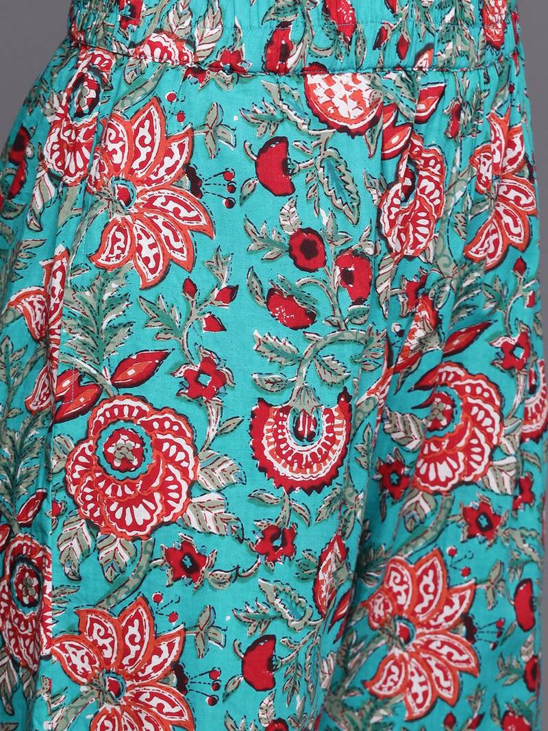 Women Blue & Red Pure Cotton Floral Print Kurta with Sharara & With Dupatta
